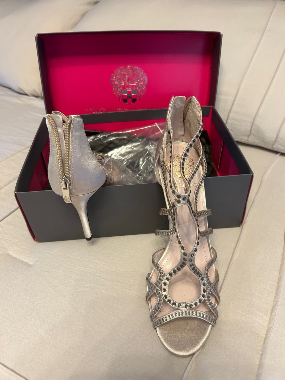 Women's Metallic Champagne Strappy Heels with Stud Details